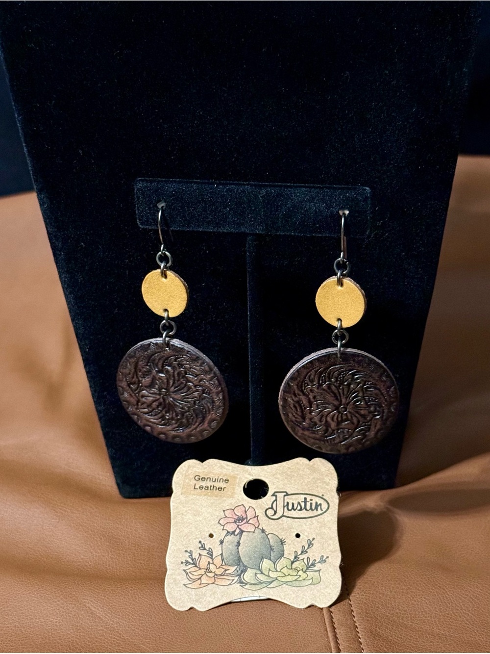 Justin Tooled Leather Floral Double Drop Medallion Earrings Brown NWT